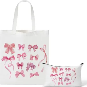 Y1tvei Pink Bows Tote Bag - 2Pcs Coquette Pink Bow Ribbon Tote Bag Set, Preppy Aesthetic Bow Canvas Makeup Bags, Reusable Grocery Folding Shopping Bags, Coquette Stuff Zipper Pouch Gifts for Women