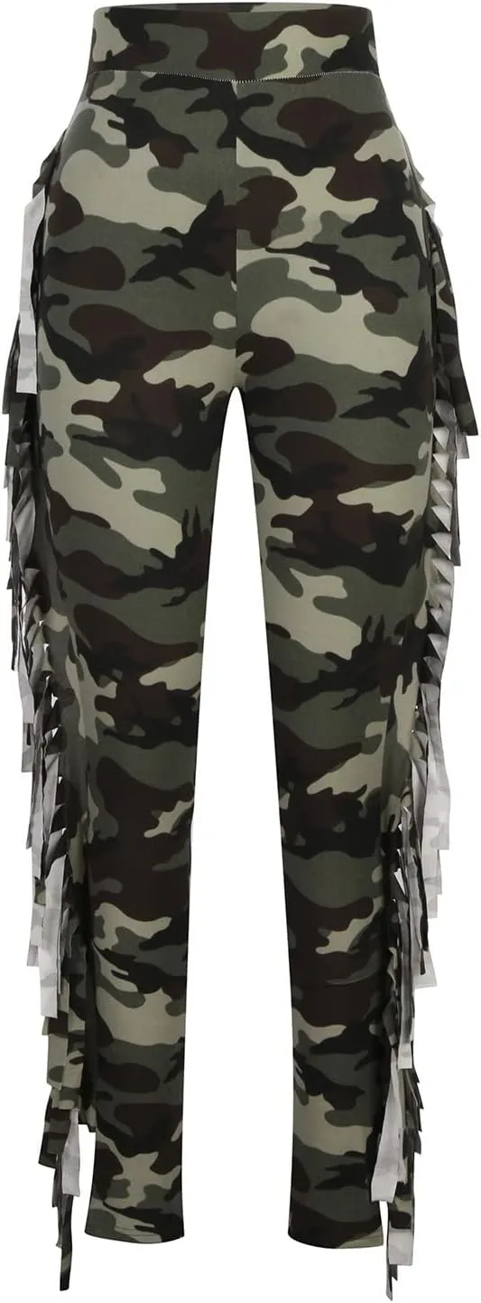 yardsong High Waisted Camo Leggings for Women Fringe Side Seamless Yoga Pants Stretchy Butt Lifting Casual Workout Pants