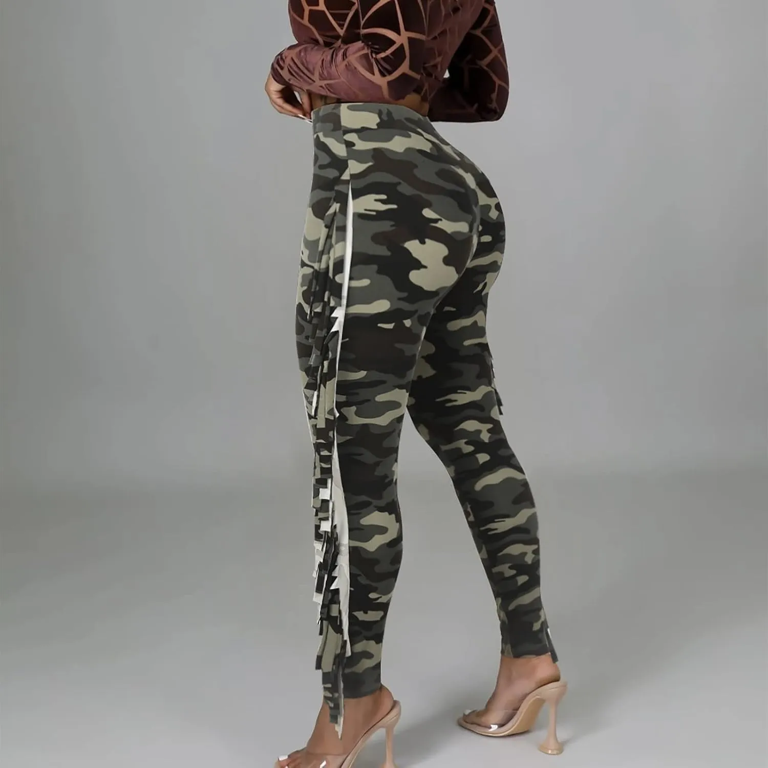 yardsong High Waisted Camo Leggings for Women Fringe Side Seamless Yoga Pants Stretchy Butt Lifting Casual Workout Pants