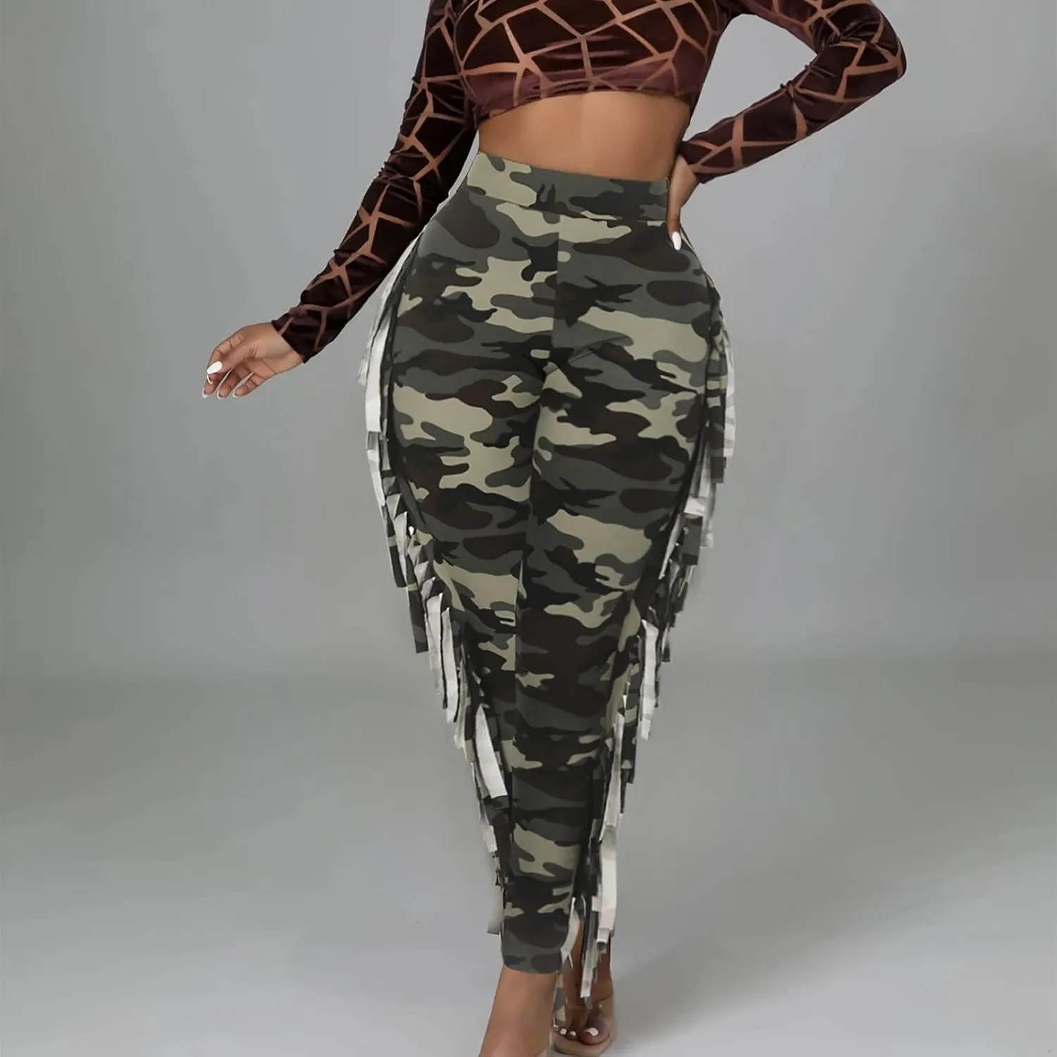 yardsong High Waisted Camo Leggings for Women Fringe Side Seamless Yoga Pants Stretchy Butt Lifting Casual Workout Pants