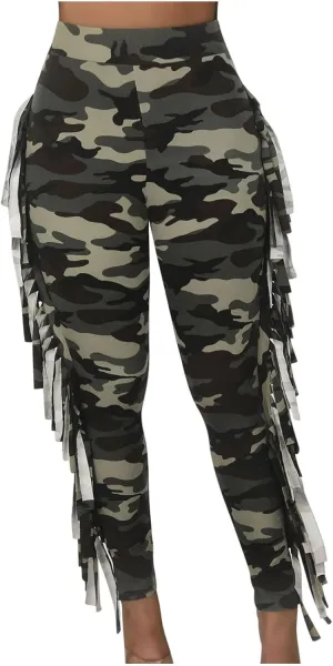 yardsong High Waisted Camo Leggings for Women Fringe Side Seamless Yoga Pants Stretchy Butt Lifting Casual Workout Pants