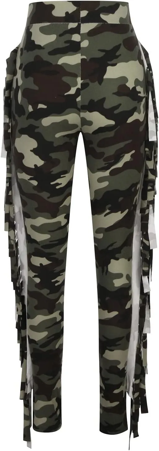 yardsong High Waisted Camo Leggings for Women Fringe Side Seamless Yoga Pants Stretchy Butt Lifting Casual Workout Pants