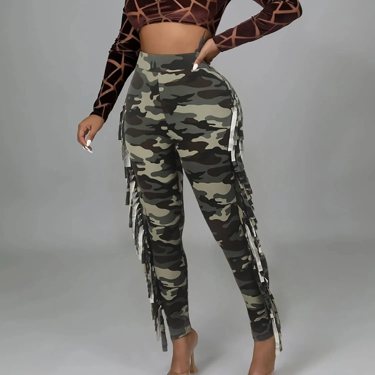 yardsong High Waisted Camo Leggings for Women Fringe Side Seamless Yoga Pants Stretchy Butt Lifting Casual Workout Pants