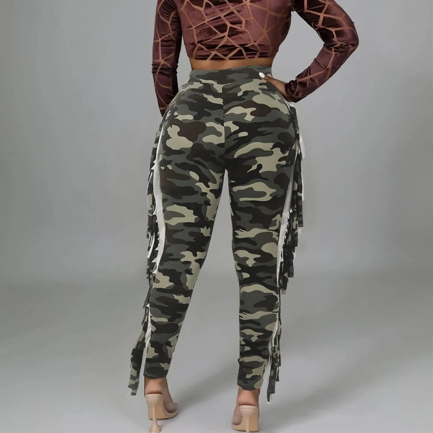 yardsong High Waisted Camo Leggings for Women Fringe Side Seamless Yoga Pants Stretchy Butt Lifting Casual Workout Pants