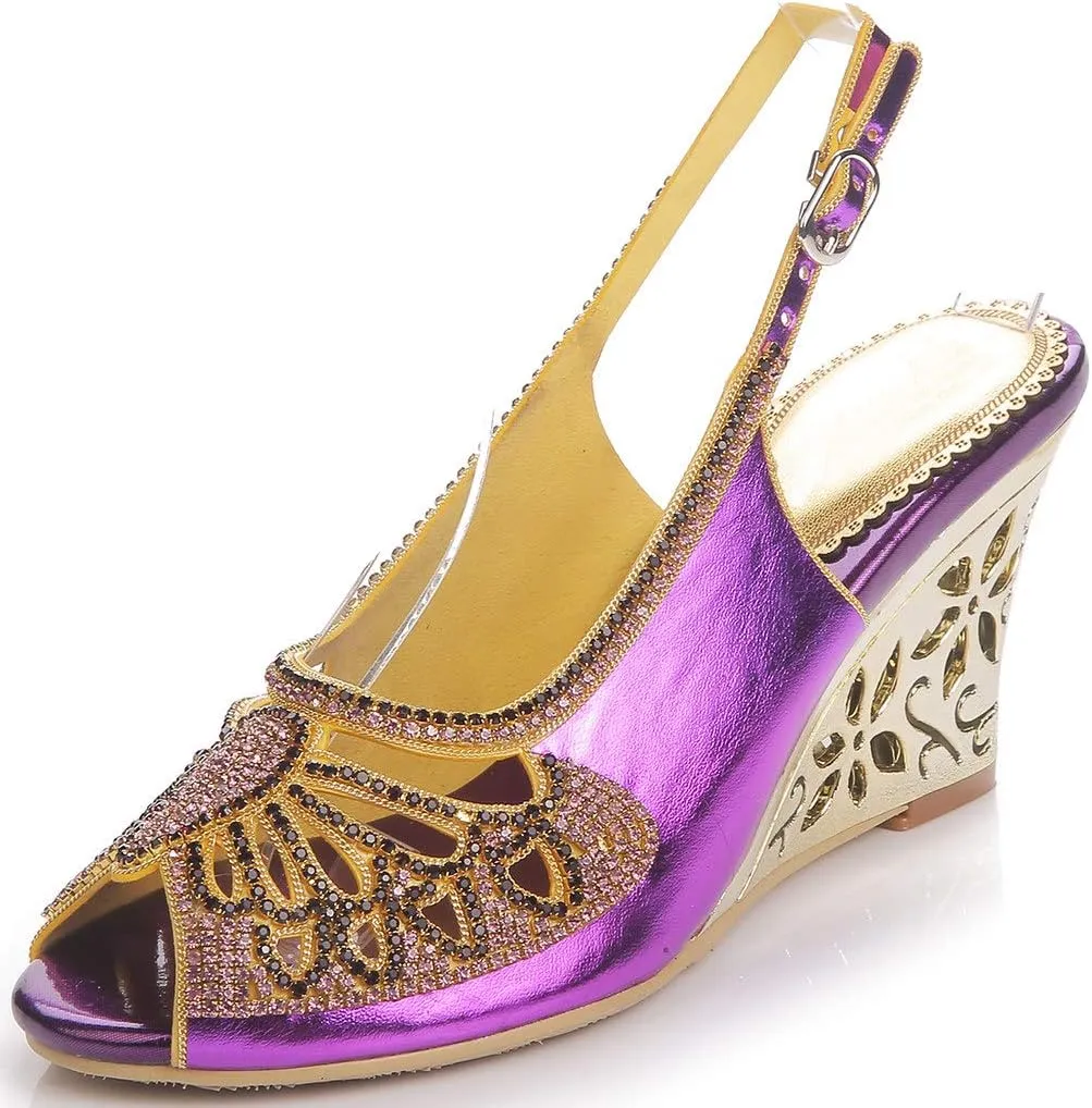YooPrettyz Women Cutout Dress Sandals Rhinestone Butterfly Dress Metallic Wedge Heels