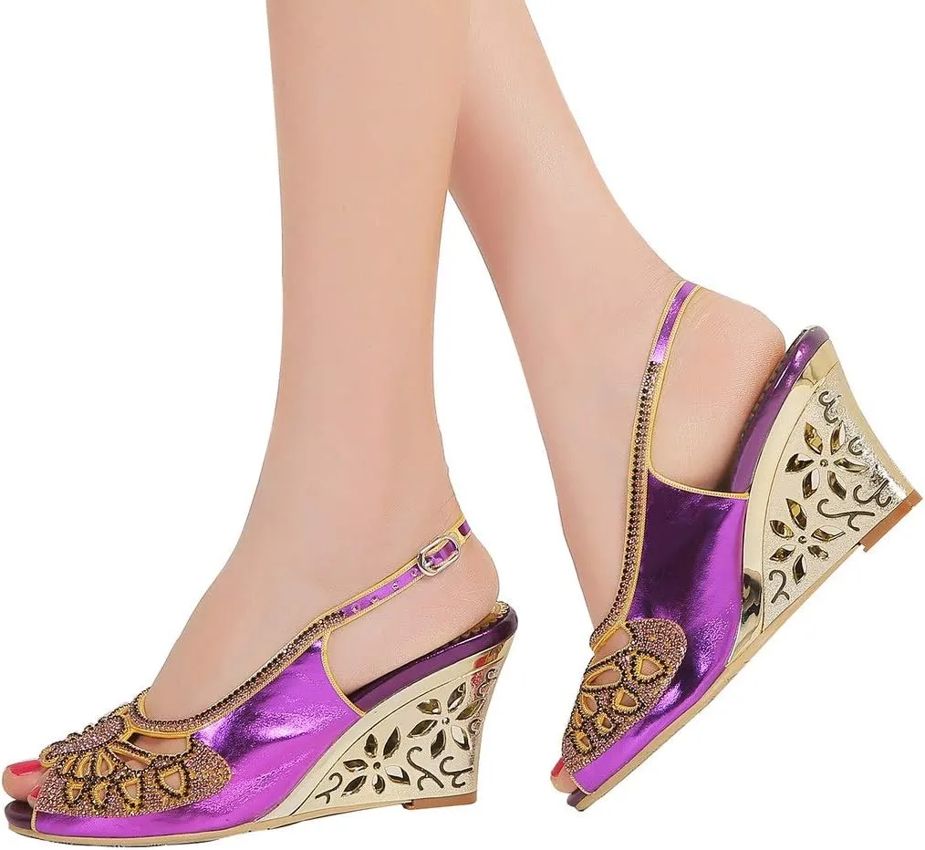YooPrettyz Women Cutout Dress Sandals Rhinestone Butterfly Dress Metallic Wedge Heels