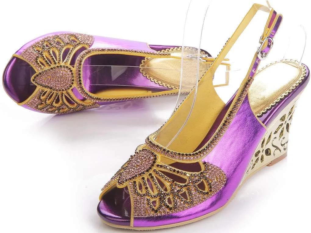 YooPrettyz Women Cutout Dress Sandals Rhinestone Butterfly Dress Metallic Wedge Heels
