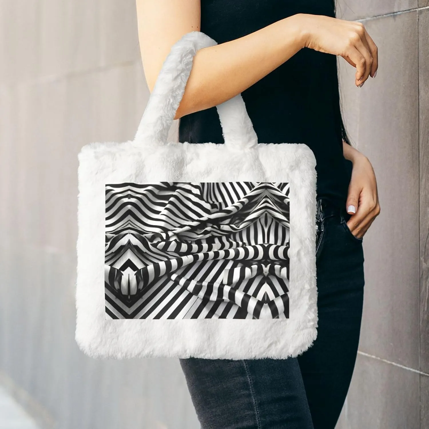 Zebra-Like Print Printing Fluffy Shoulder Bag Ladies Plush Underarm Bag Tote Bag Furry Purse Handbag For Work Travel