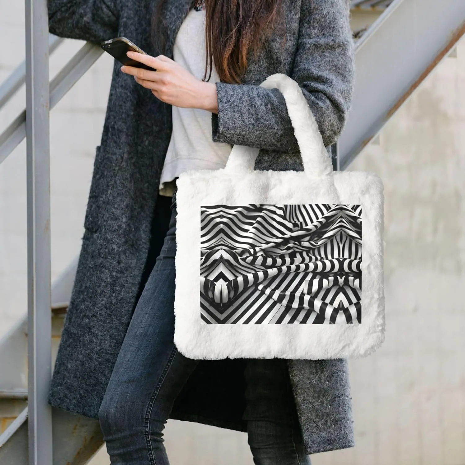 Zebra-Like Print Printing Fluffy Shoulder Bag Ladies Plush Underarm Bag Tote Bag Furry Purse Handbag For Work Travel