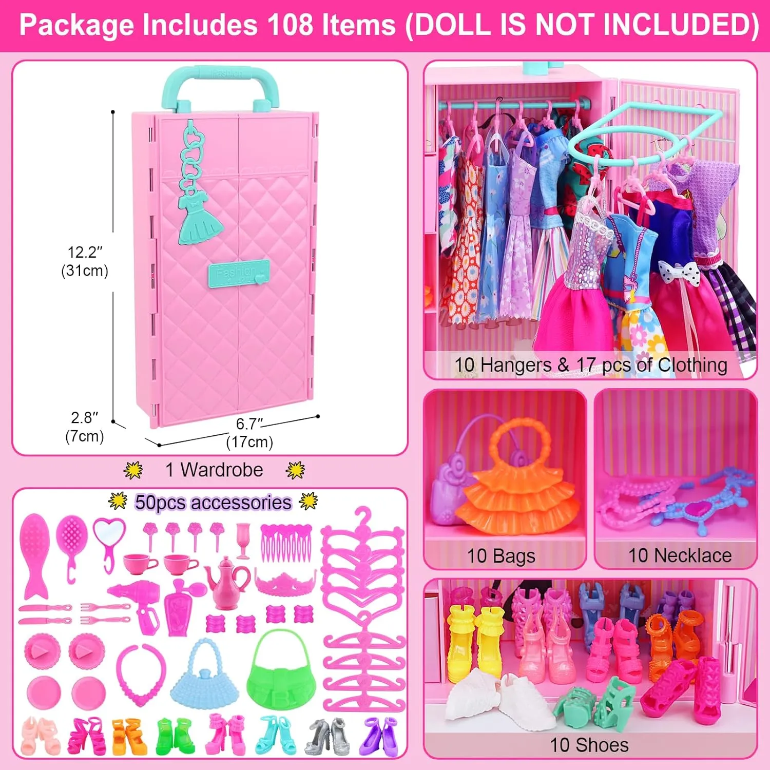 ZITA ELEMENT 108Pcs 11.5 Inch Girl Doll Closet with Clothes and Accessories, Party Dress Gowns, Fashion Dresses, Shoes, Swimsuits, Necklaces, Doll Wardrobe for Toddlers 3 Ages and Up