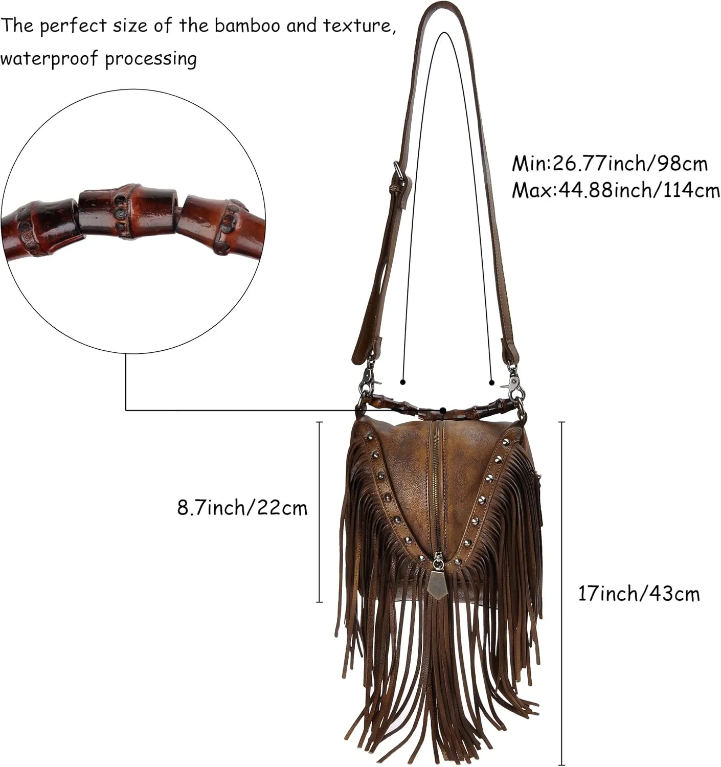 ZLYC Women's Leather Bamboo Hand Strap Featured Fringe Bohemian Tassel Studed Cross Body Bag