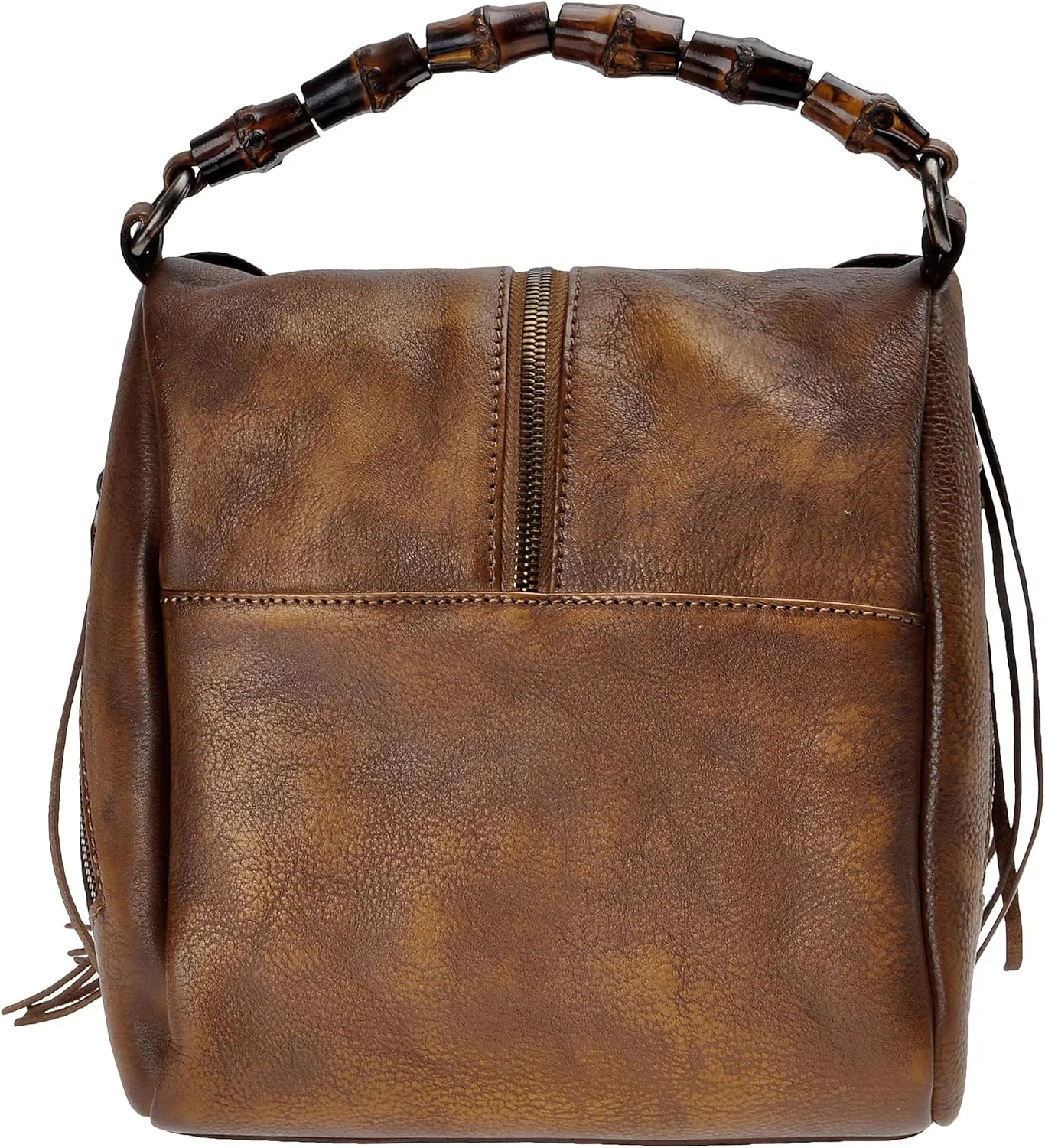 ZLYC Women's Leather Bamboo Hand Strap Featured Fringe Bohemian Tassel Studed Cross Body Bag