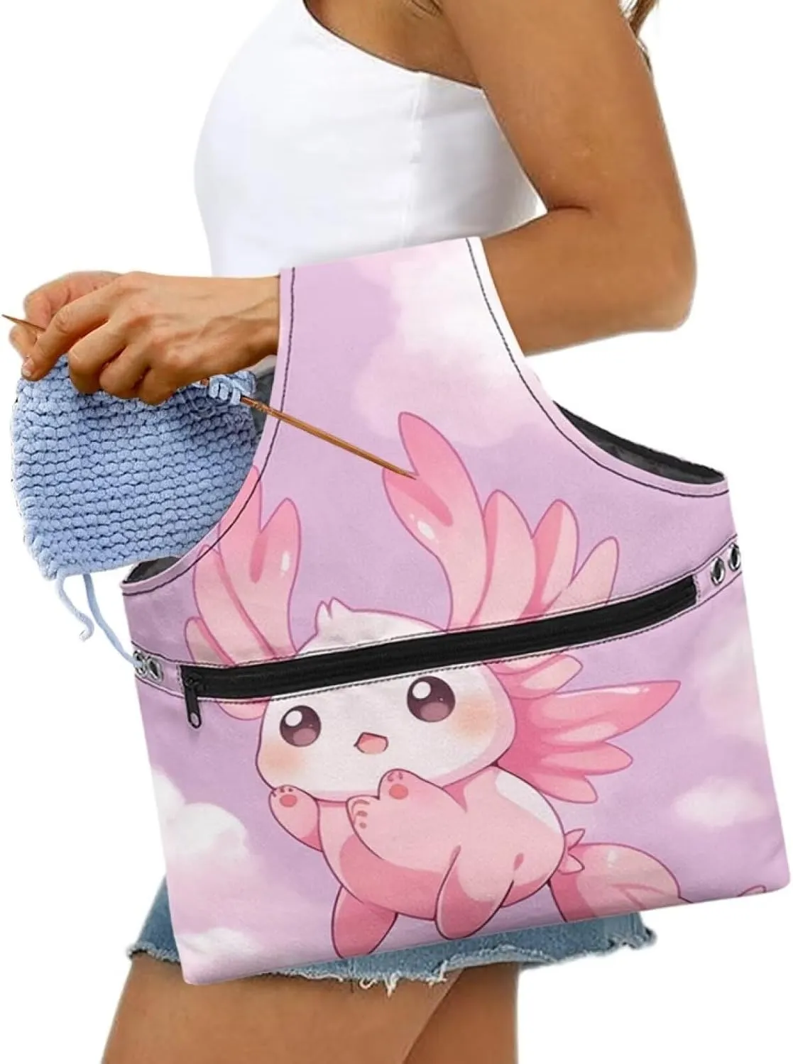 ZUXONGSY Axolotl Yarn Bags for Crocheting Portable Knitting Bag Pink Yarn Storage Organzier Holding Knitting Needles,Large
