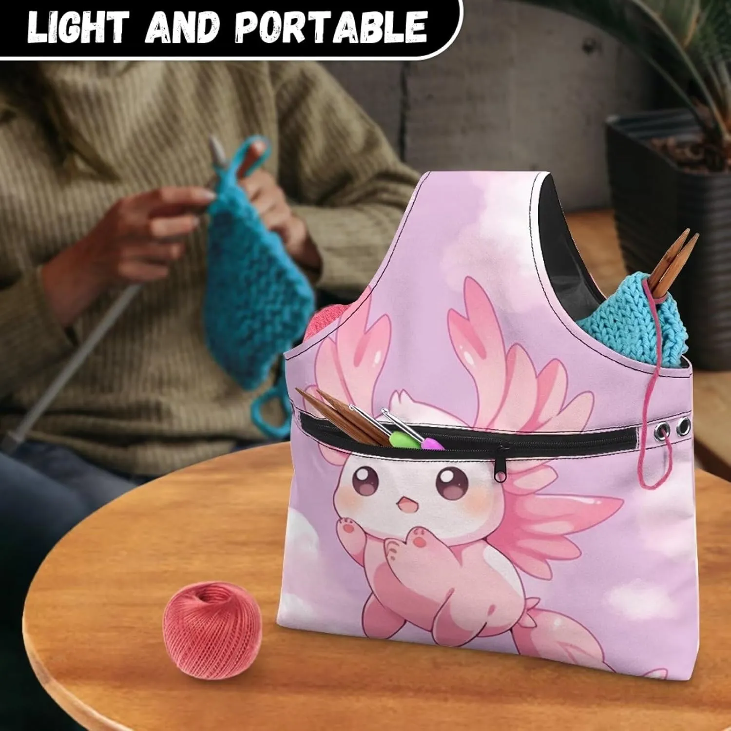 ZUXONGSY Axolotl Yarn Bags for Crocheting Portable Knitting Bag Pink Yarn Storage Organzier Holding Knitting Needles,Large