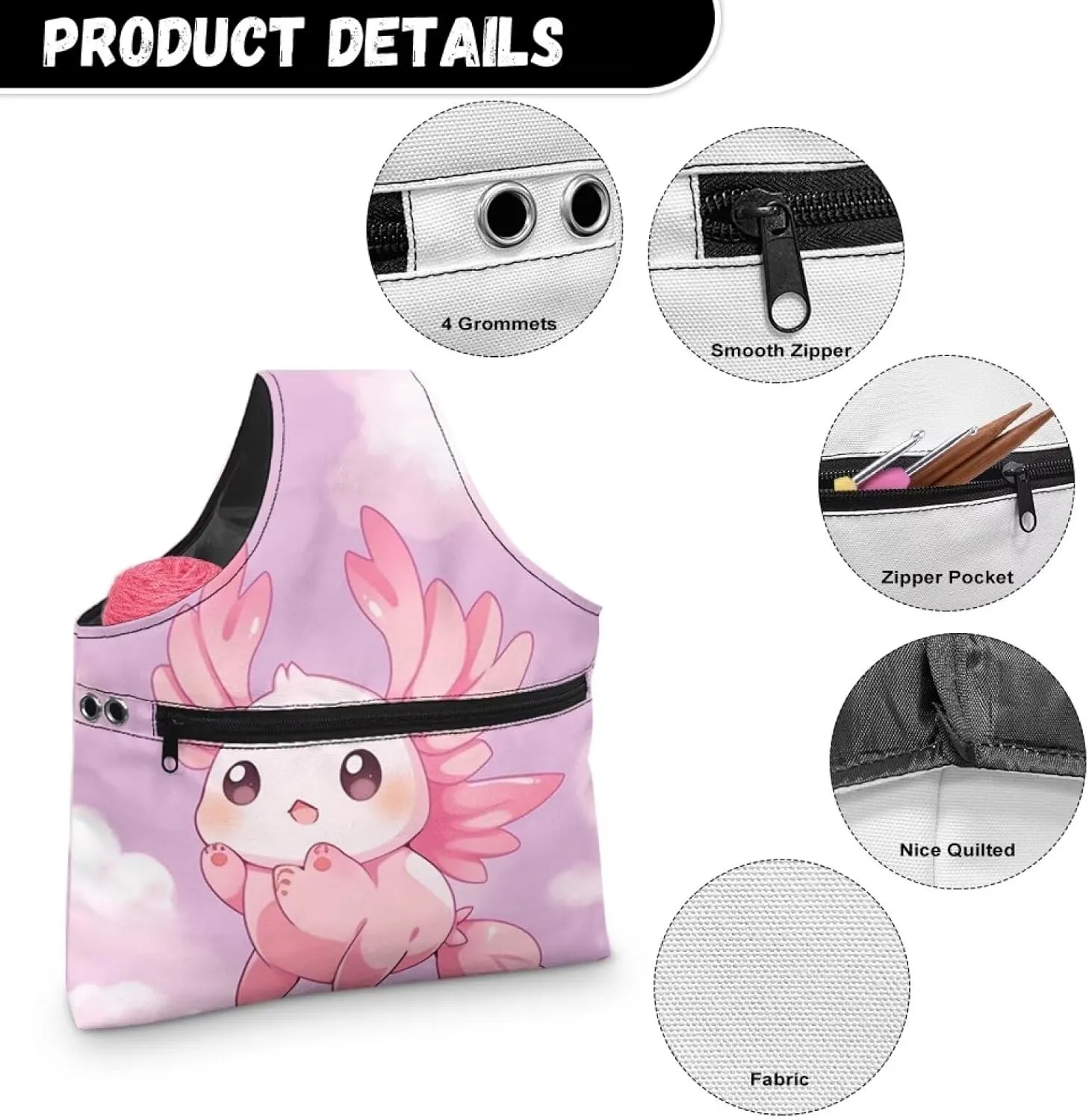 ZUXONGSY Axolotl Yarn Bags for Crocheting Portable Knitting Bag Pink Yarn Storage Organzier Holding Knitting Needles,Large